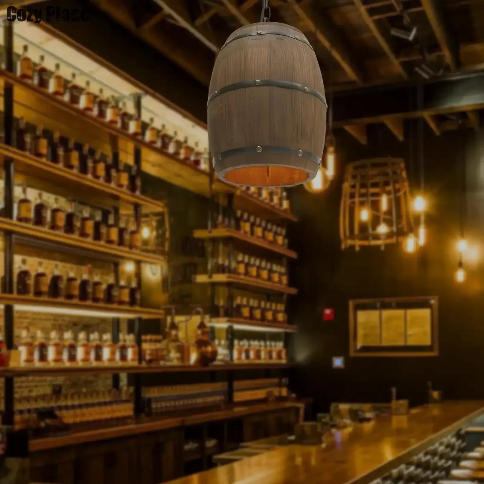 Wine & Beer Shop - Rustikale Lampe Vintage Kronleuchter Holz-Pendelleuchte Weinfass-Hängelampe